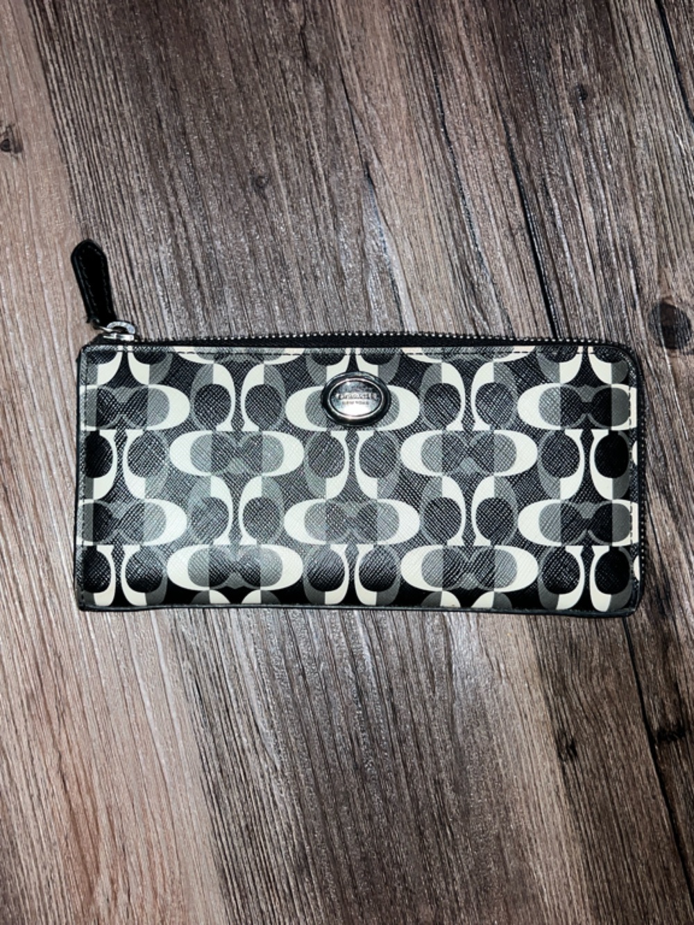 Coach Black & Cream Signature Zip-Around Wallet